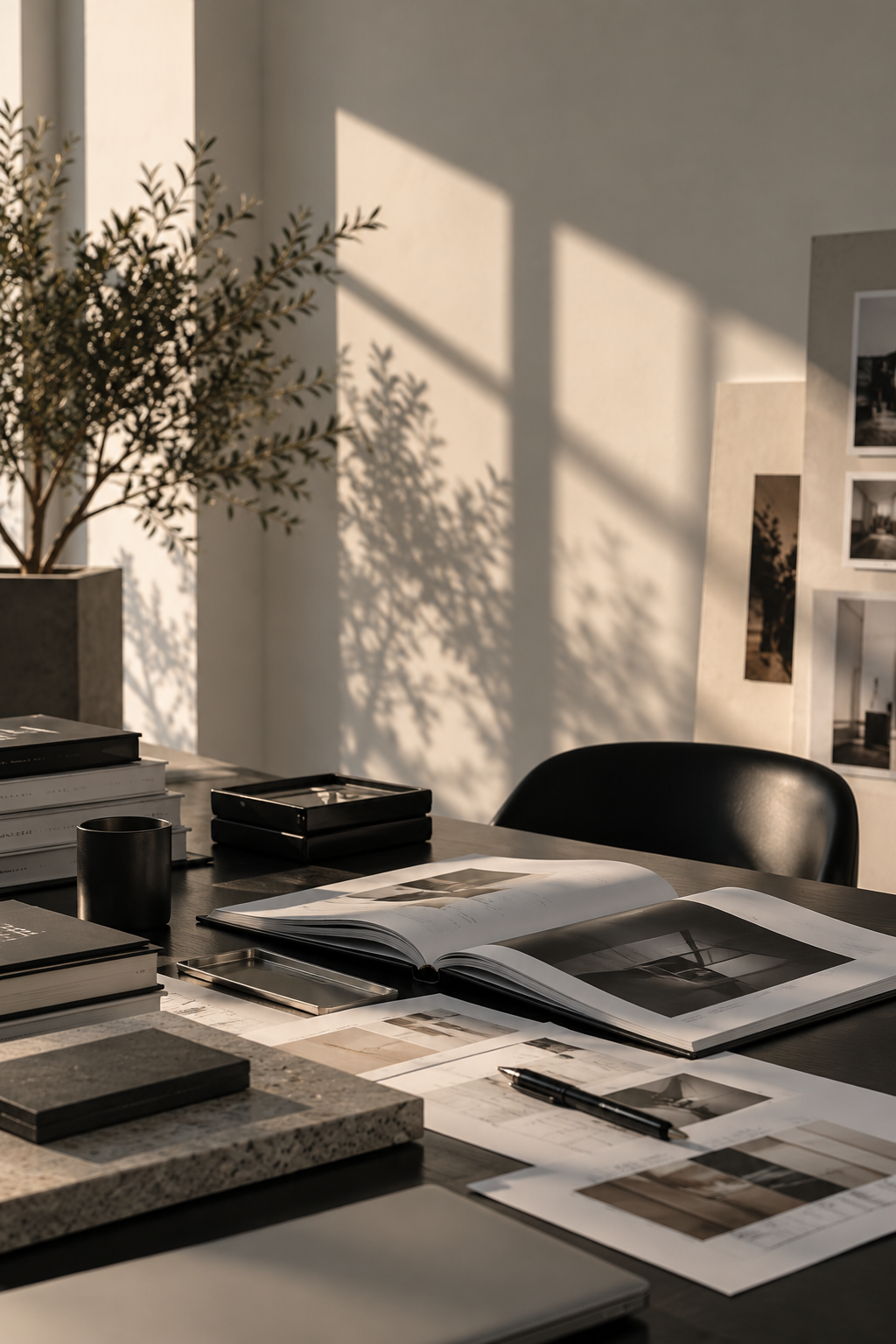 Late light across the studio desk, proofs and material samples laid out